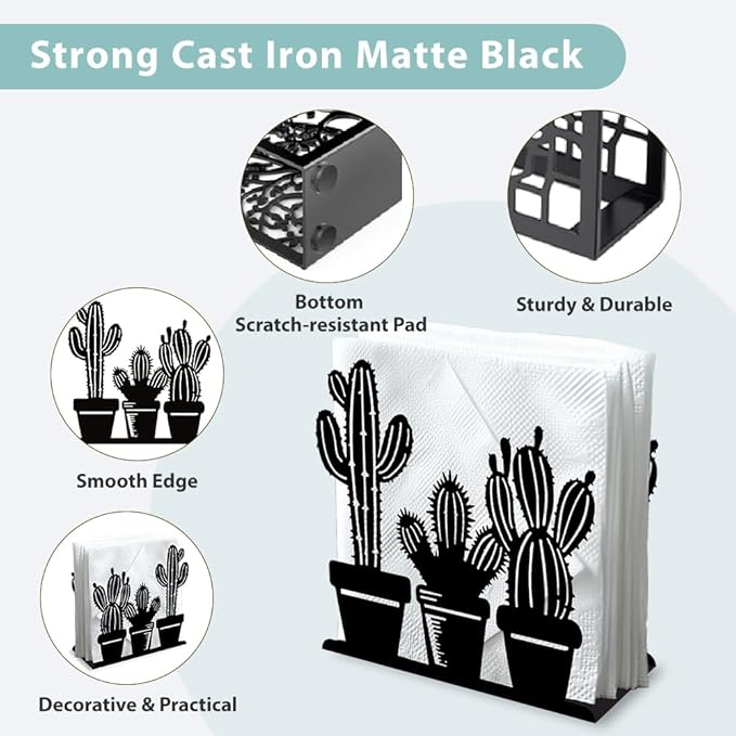 Cactus Decorative Black Metal Napkin Holder for Table, 4.9" x 4.9" x 1.9" Standing Napkin Holder for Home Kitchen Restaurant Picnic Party Coffee Bar Dining Room