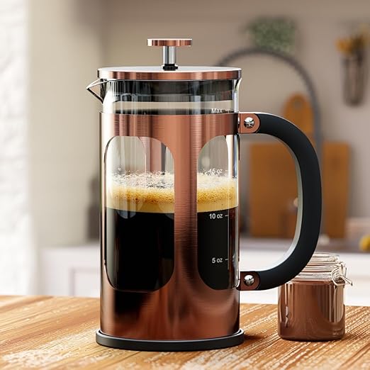 Veken French Press Coffee Maker 21oz 0.6 L, Heat Resistant Thickened Borosilicate Glass,Stainless Steel Brewer,Single Serve Small Pot, Cold Brew Cafetera Teapot for Kitchen Travel Camping, Copper