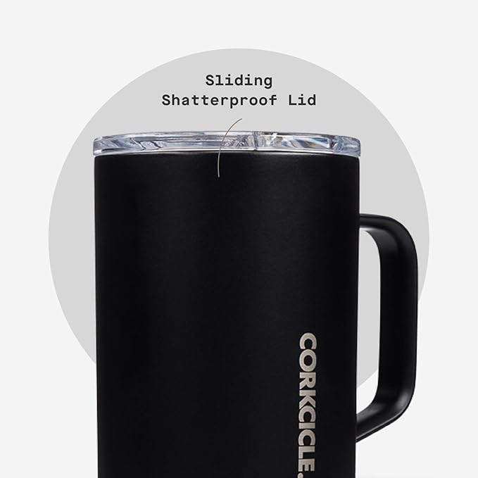 Corkcicle Classic Coffee Mug - Triple Insulated Stainless Steel for Travel - Shatter-Proof Lid - Easy Grip - Keeps Drink Hot Over 3 Hours - Holiday Mug Gift - Great for Gifting Warmth - 16 oz - Black
