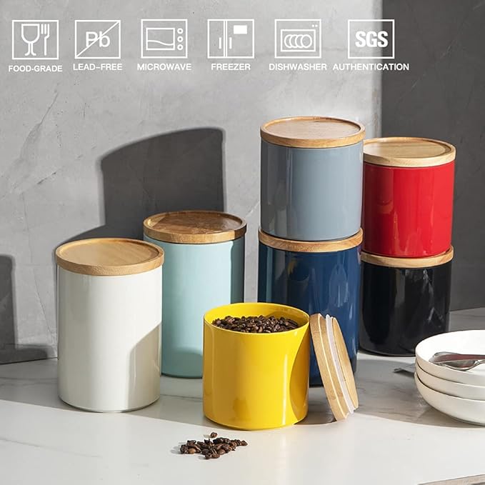 Sweejar Kitchen Canisters Ceramic Food Storage Jar, Stackable Containers with Airtight Seal Wooden Lid for Serving Coffee Bean, Flour, Tea, Spice and More - 39 Fl Oz (Turquoise)