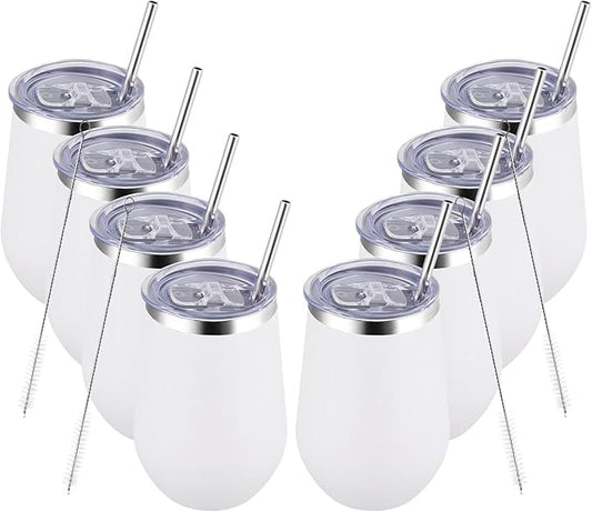 MEWAY Stemless 12oz Insulated Wine Tumbler with Lid and Straw - Double Wall Stainless Steel Thermal Cups, Travel wine glasses, Ideal for Bridal and Baby Shower Game Prizes(White,Set of 8)