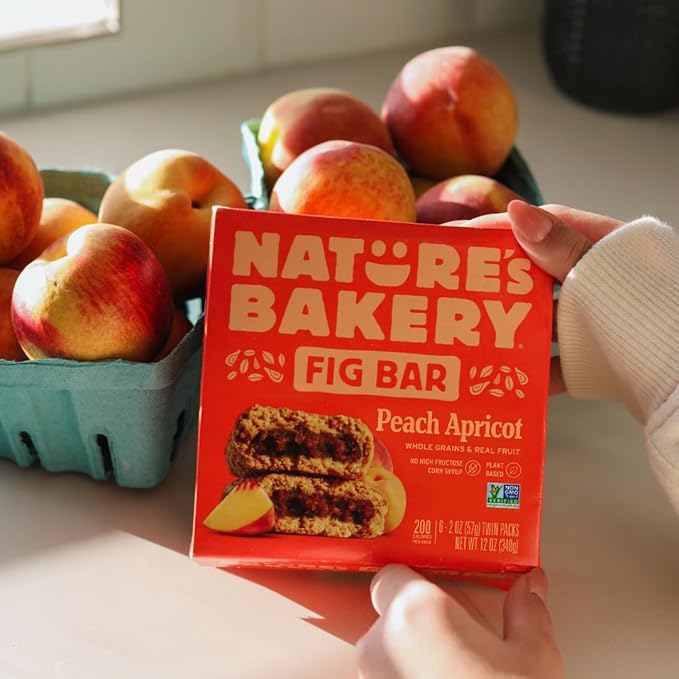 Nature’s Bakery Whole Wheat Fig Bars, Peach Apricot, Real Fruit, Vegan, Non-GMO, Snack bar, 1 box with 12 twin packs (12 twin packs)