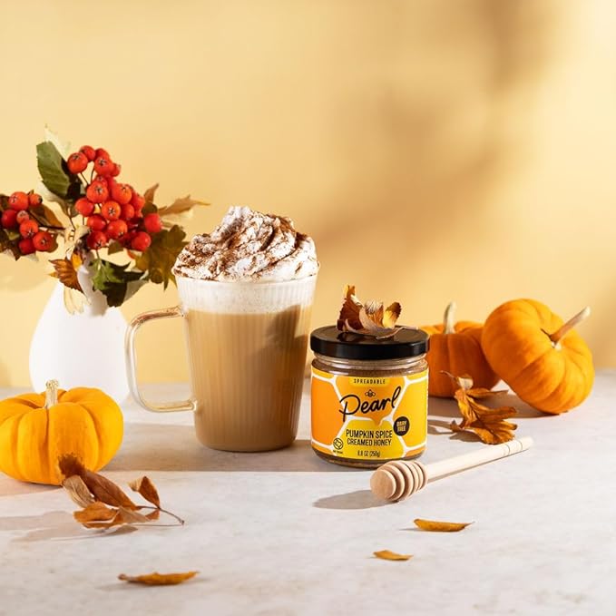 Pearl Honey Spreads - Organic Pumpkin Spice Flavored Creamed Raw Honey - Chemical Free, Dairy Free, Soy Free & 100% Naturally Flavored | 8.8oz Jar