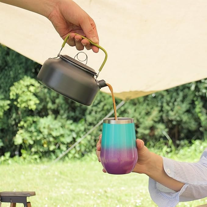 MEWAY 12oz Insulated Wine Tumbler with Lid and Straw - Double Wall Vacuum Stainless Steel Wine glass, Ideal for Travel and Office, Baby shower prizes for winners(Light Green,Set of 8)