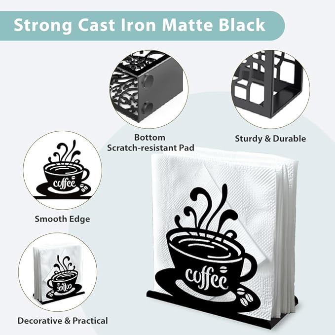 Coffee Cup Decorative Black Metal Napkin Holder for Cafe Bar Table, 4.9" x 4.9" x 1.9" Standing Napkin Holder for Home Kitchen Restaurant Picnic Party Coffee Bar Dining Room