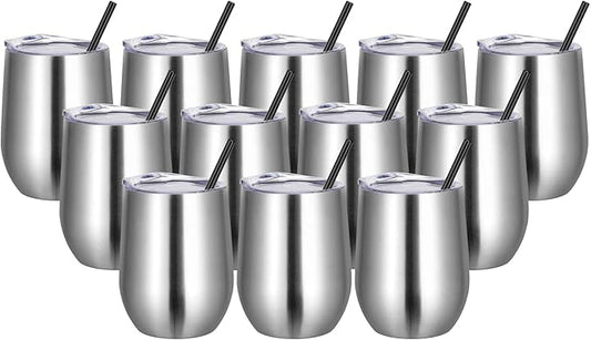 VEGOND Wine Tumblers Bulk 12 Pack, 12oz Stainless Steel Stemless Wine Glass with Lids and Straws, Double Wall Vacuum Insulated Tumbler Cup, Coffee Mug for Cold Hot Drinks