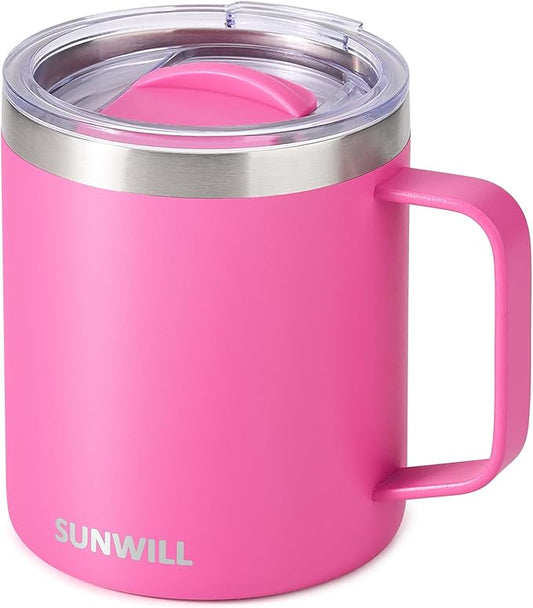 SUNWILL Insulated Coffee Mug with Lid, Travel Tumbler with Handle, 14 oz Stainless Steel Cup for Home, Office, Camping, Powder Coated Magenta