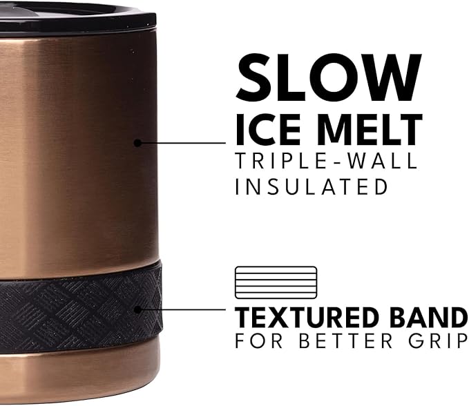 Elemental Recess Lowball Tumbler, 10oz Triple Wall Stainless Steel Cup with Non-Shattered Tritan Lid, Insulated Whiskey Glass, Insulated Coffee Tumbler Mug for Hot & Cold Drinks - Copper