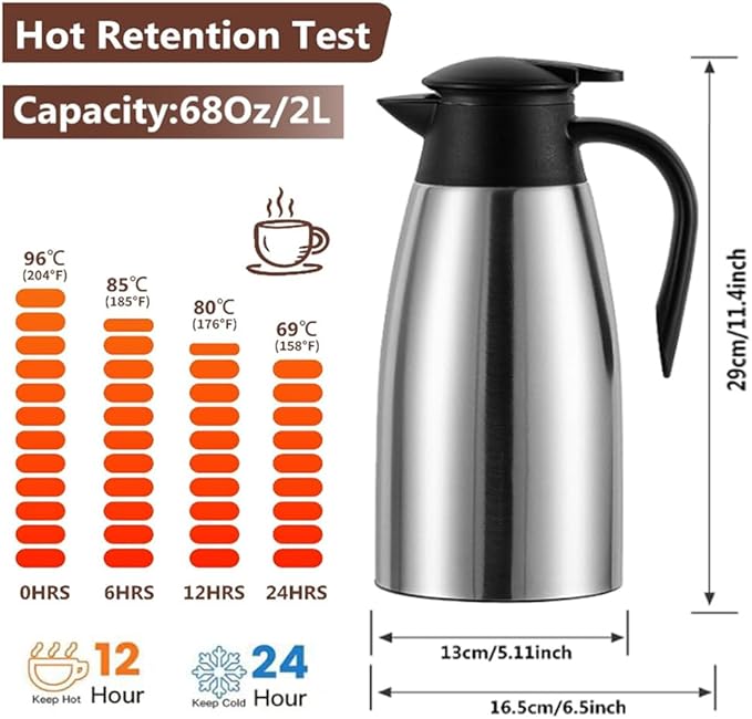 Thermal Coffee Carafe 70 oz / 2L Insulated Stainless Steel, Coffee Carafes Double Walled Vacuum Pot Flask - Hot Beverage Dispenser/Water, Tea - Keep 12/24 Hours Hot/Cold (Silver)