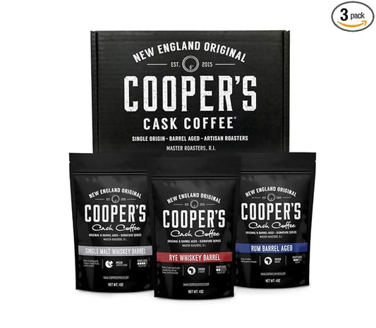 Bourbon Barrel Aged Coffee Whole Bean Set, 3 Bags - Single Origin Sumatra Whiskey, Ethiopian Rye, Rwanda Rum Roasted Coffee Beans, 12oz