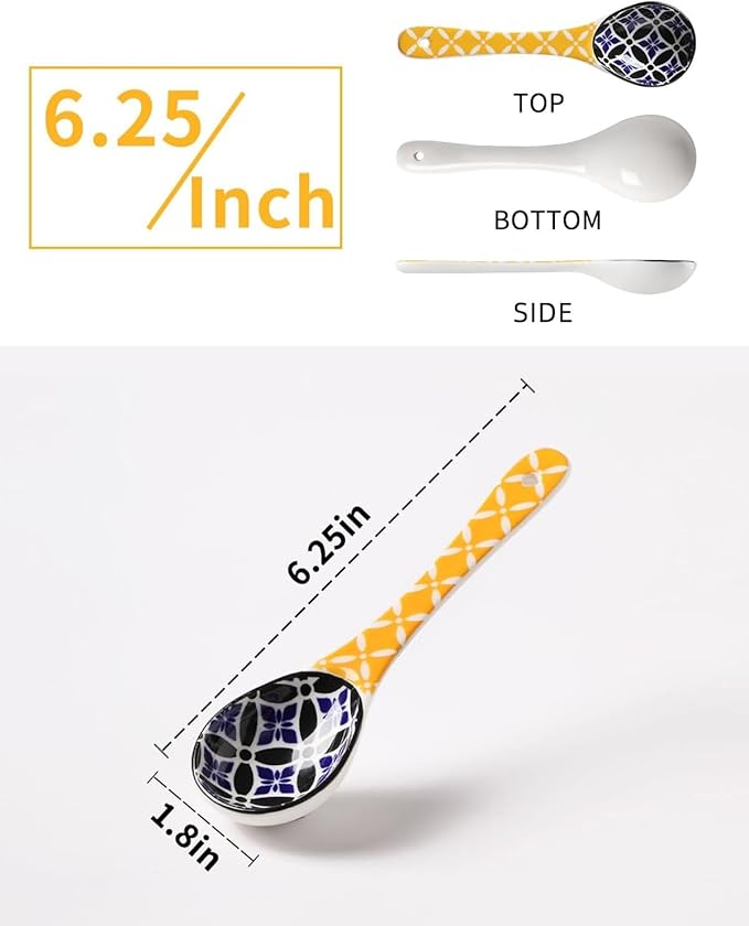 Ceramic Small Serving Spoons, Colorful Soup Spoon Set for Cereal, Yogurt, Dips, Ice Cream, Ramen, Dishwasher & Microwave Safe, Cute Decorative Spoon Set of 6