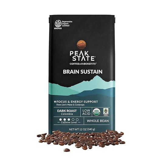 Peak State BRAIN SUSTAIN Coffee - Dark Roast - Whole Bean Lion's Mane Mushroom Coffee - Mold Free, Mycotoxin Free, Organic, Non-GMO, Low Acid (12 oz, Whole Bean)