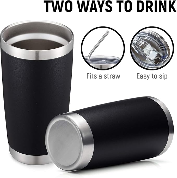 COMOOO 20oz Black Tumbler Double Wall Vacuum Insulated Coffee Travel Mug Stainless Steel Tumbler with Lid and Straw Coffee Cup for Cold Drinks & Hot Beverage, Home and Outdoor (Black, 6 Pack)