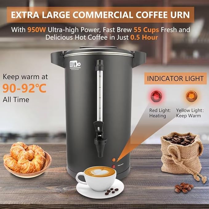 55-Cup 10L Commercial Coffee Urn, Festa Essential 750W Double Wall Large Percolate Coffee Maker Stainless Steel Hot Water Urn Dispenser with Double Dripless Faucet, Quick-Brewing for Catering, Black