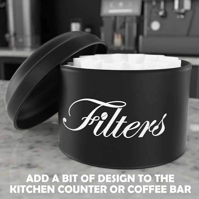 Black Basket Coffee Filter Holder With Lid - Round Container for Counter Storage - Rustic Farmhouse Bar Accessories Decor