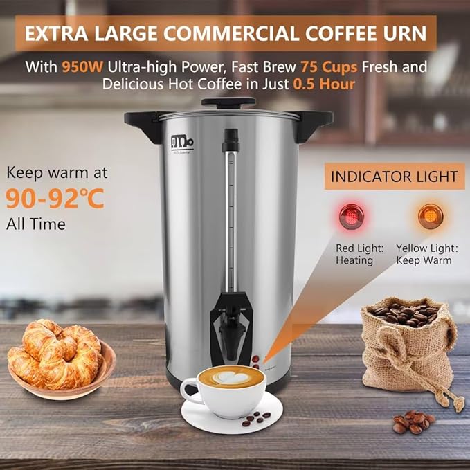 75 Cup 12L/3.17Gallon Commercial Coffee Urn, Festa Essential 950W Large Percolate Coffee Maker, Hot Beverage dispenser With Double Dripless Faucet, Quick-Brewing Hot Water Urn for Catering,Home,Events