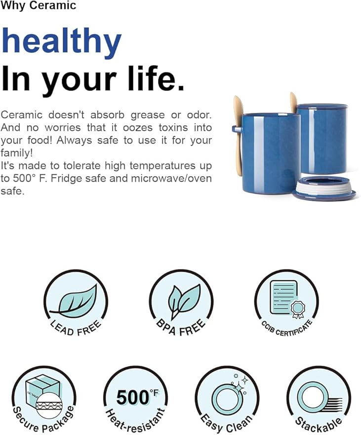 LE TAUCI Sugar Bowl with Lid and Spoon, Ceramic Salt Container, Small Sugar Jar for Kitchen, Coffee bar, Countertop - 12 oz, Set of 2, Ceylon Blue