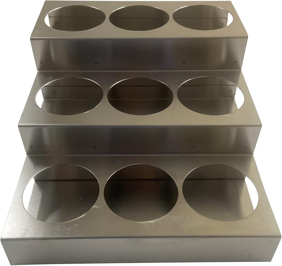 Rattleware 3-Tier Stainless Steel 9 Bottle Coffee Syrup Wire Rack Fifths – Shelves for Wine or Condiments - Durable Storage Organizer for Home, Kitchen, Office, Garage, or Commercial Use (Silver)