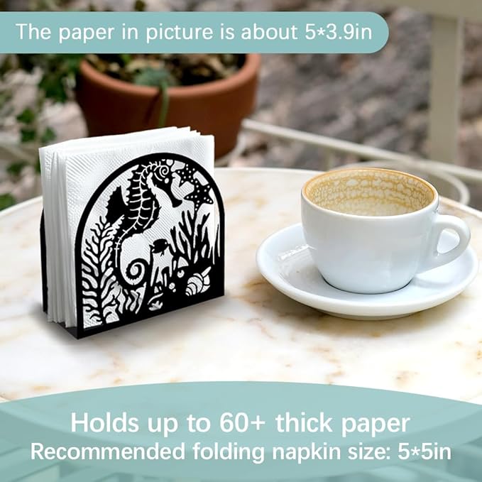 Seahorse and Coral Decorative Black Metal Napkin Holder for Table, 4.9" x 4.9" x 1.9" Ocean Standing Napkin Holder for Home Kitchen Restaurant Picnic Party Coffee Bar Dining Room