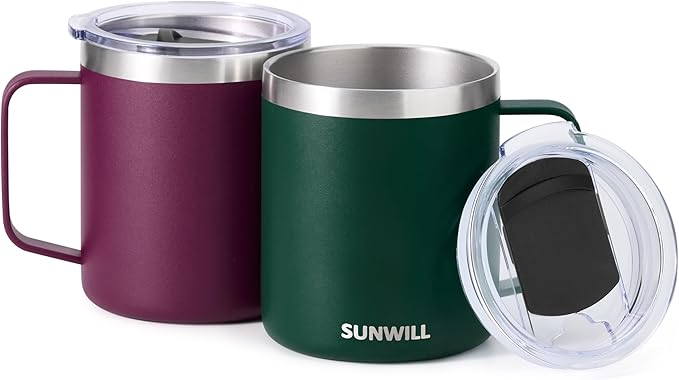 SUNWILL Travel Coffee Mug Set of 2, Insulated Tumbler with Lid, 14 oz Stainless Steel Cup with Handle for Camping, Office, Home, Powder Coated Forest Green & Plum