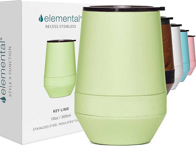 Elemental Recess Wine Tumbler - Triple Wall Insulated Stainless Steel Coffee Mug for Hot & Cold Drinks - Portable Cup with Shatterproof Sip Lid for Camping, Outdoor & Travel - 10oz - Key Lime