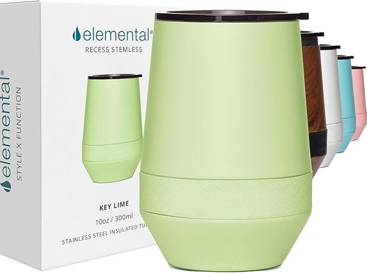 Elemental Recess Wine Tumbler - Triple Wall Insulated Stainless Steel Coffee Mug for Hot & Cold Drinks - Portable Cup with Shatterproof Sip Lid for Camping, Outdoor & Travel - 10oz - Key Lime
