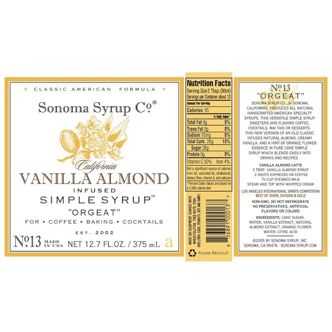 Sonoma Syrup Co. Vanilla Almond Infused Simple Syrup 12.7 fl oz | for Cocktails, Tea, and Baking | Hand Crafted in the USA