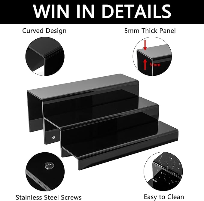 3 Tiers Bar Shelves for Liquor Bottles, 15" Black Acrylic Risers Display Racks Stands for Figures Pops Cupcake Perfume Collections (Patent: D1076520S)