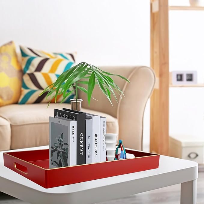 Gifturbo Red Large Serving Tray with Handles，Rectangular Plastic Elegant Decorative Coffee Table Tray for Ottoman, Living Room, Bathroom, Home Decor, Vanity Tray with Gold Trimming, 15.7” x 11.8”