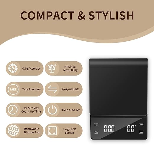 3kg/0.1g High Precision Coffee Scale with Timer, Backlit LCD Display, Tare Function, and Unit Conversion for Espresso, Pour Over, Drip Brewing