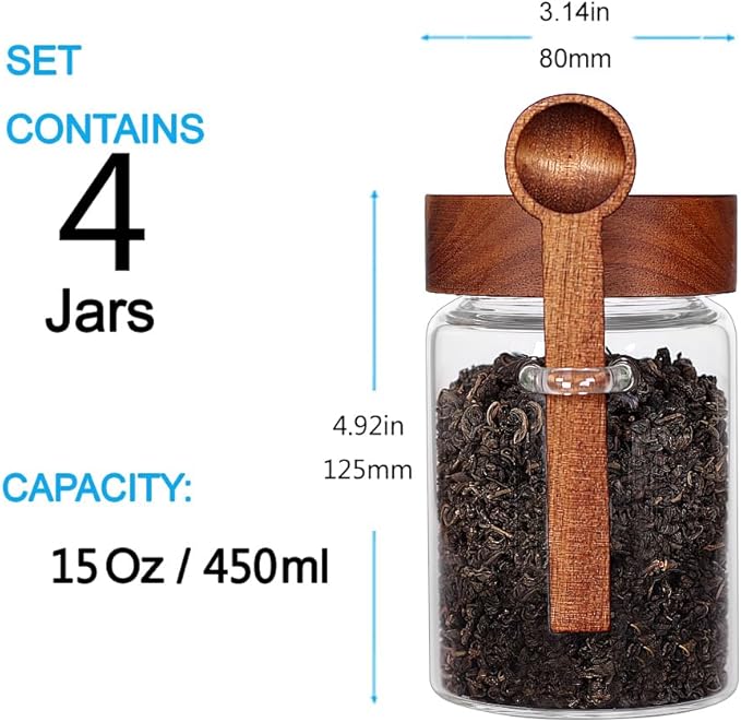 SAIOOL Loose Leaf Tea Storage Canister Set, 4 Pieces 16 OZ Glass Tea Containers with Wooden Lids and Spoons for Loose Tea, Coffee, Sugar, Oatmeal, Herbs (Tea Canisters)