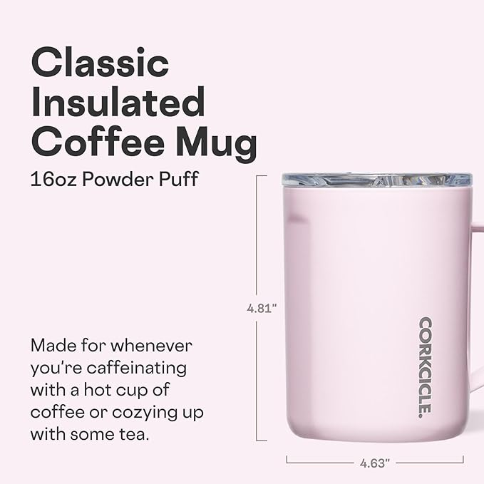 Corkcicle Classic Coffee Mug - Triple Insulated Stainless Steel for Travel - Shatter-Proof Lid - Keeps Drink Hot Over 3 Hours - Holiday Mug Gift - Great for Gifting Warmth - 16 oz - Powder Puff