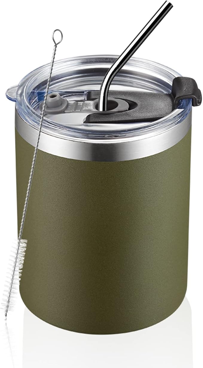 MEWAY 12 oz Lowball, Tumbler Stainless Steel Double Wall Vacuum Insulated Mug with Straw and Lid, Cleaning Brush ，Durable Powder Coated Insulated Coffee Cup for Cold & Hot Drinks (Army Green,12)