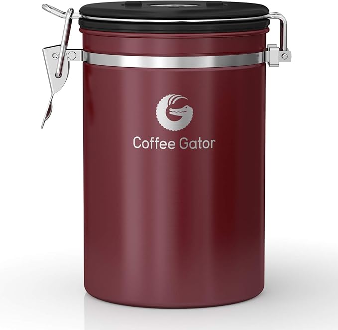 Coffee Gator Coffee Canister, 22oz Airtight Stainless Steel Kitchen Food Storage Container with Date Tracker, Valve, Scoop for Sugar, Grounds, Beans, Tea, Sugar, Cereal, Flour, Cookies Jars - Red