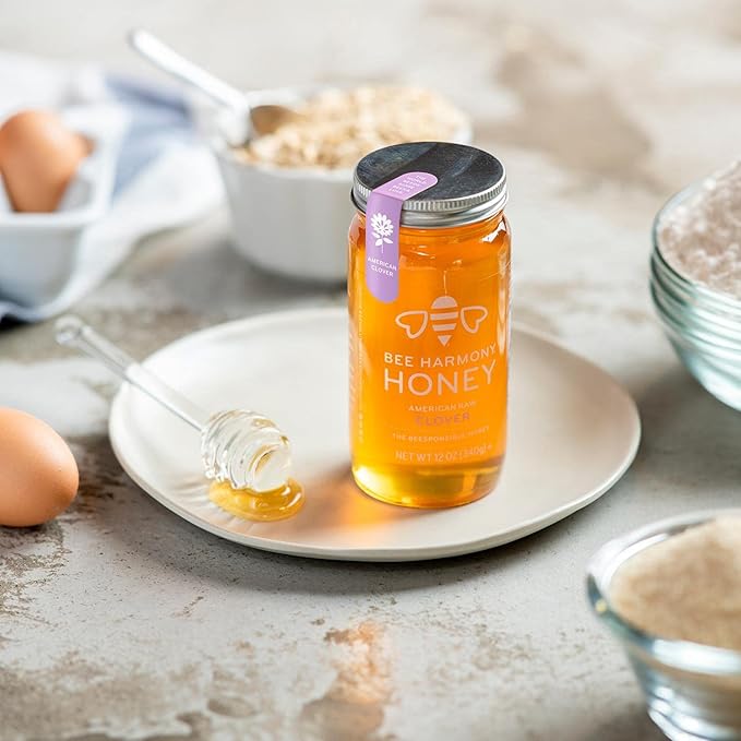 Bee Harmony Raw Clover Honey, 12 OZ (Pack of 2 Jars), Made in the USA