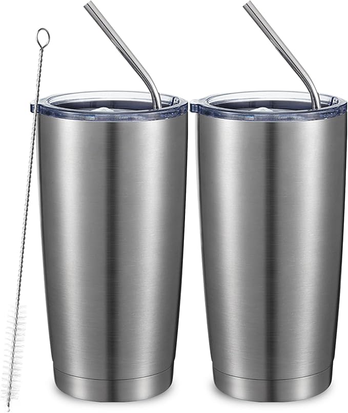 COMOOO 20oz Double Wall Vacuum Insulated Travel Mug, Stainless Steel Tumbler with Lid and Straw Durable Powder Coated Insulated Coffee Cup for Cold & Hot Drinks (Silver. 2 pack