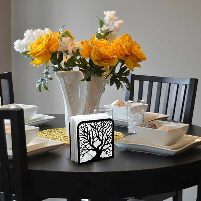 Tree Trunk Decorative Black Metal Napkin Holder for Table, 4.9" x 4.9" x 1.9" Standing Napkin Holder for Home Kitchen Restaurant Picnic Party Coffee Bar Dining Room