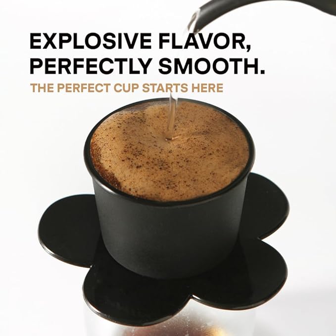 PHINOI Pour Over Coffee Dripper - Vietnamese Phin Filter – Single Cup Coffee Maker 1-2 Cup with Flower Design – Plastic Reusable Coffee Filter for Manual Brewing, Travel Friendly (Black)