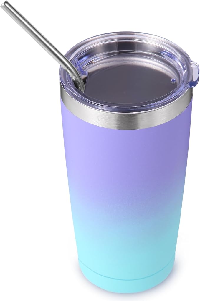 Volhoply 20oz Stainless Steel Tumbler with Lid and Straw,Double Wall Insulated Travel Iced Coffee Mug Fits Cup holder,Powder Coated Cups for Hot and Cold Drinks,Gifts for Women Men（Purple Bule,1 Set）