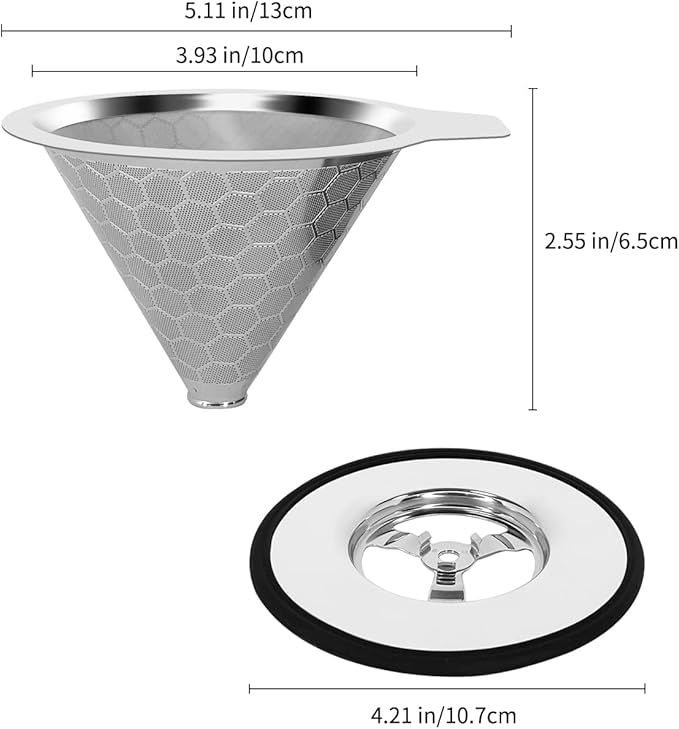 LHS Pour Over Coffee Dripper Reusable Coffee Filter Metal Cone Filter Paperless Coffee Filter Stainless Steel Pour Over Coffee Maker Single Cup Brew Coffee Filter, Double Mesh