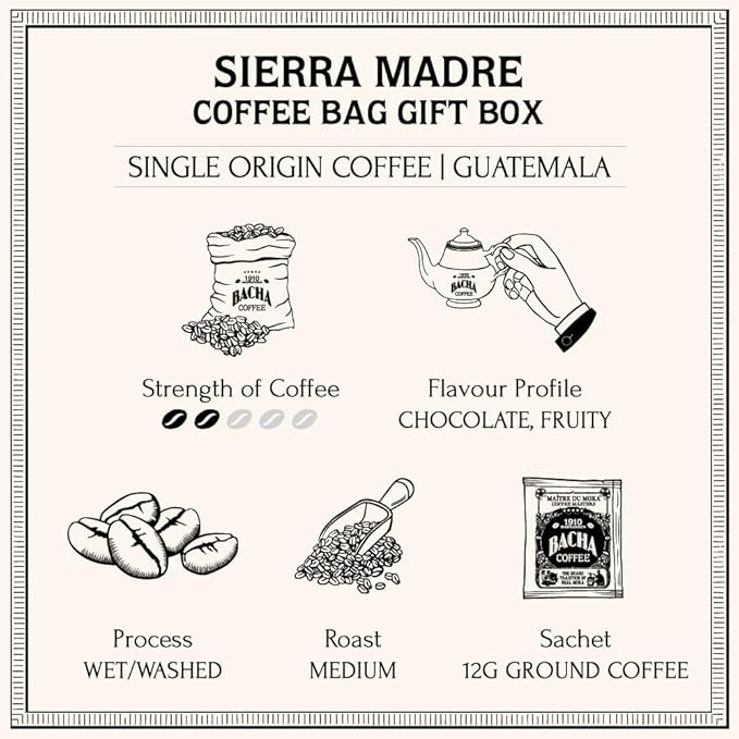 Bacha Coffee | Sierra Madre Guatemala Single Origin, 100% Arabica Specialty Coffee Beans, Medium Roast, x12 Individually Wrapped Single Serve Filter Bags