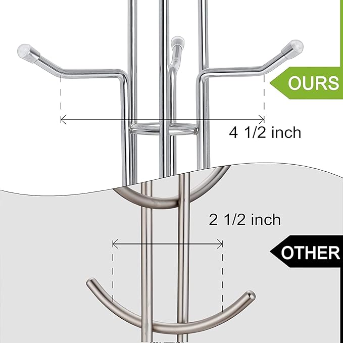 HULISEN Coffee Mug Holder for Countetop, Cup Tree for Counter Large Mugs with 6 Hooks, Metal Cup Holder Stand, Standing Rack Display for Coffee Bar, Silver