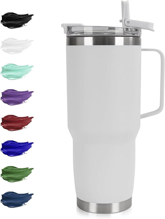 30oz Tumbler with Handle, Insulated Leak Proof Coffee Travel Mug with Straw Lid Double Wall Stainless Steel Vacuum Tumblers Metal Cup Keep Hot and Iced Drink for Gym, Office, Camping, White 1 Pack