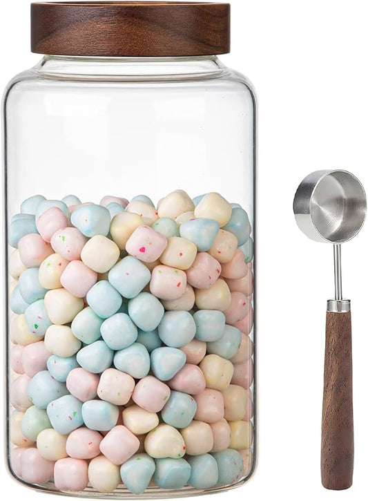 Large Glass Coffee Jars with Spoon,Round Storage Canister with Wooden Lid Clear Glass Food Jar for Pantry Sugar Tea Coffee Bean Spice Nuts Cookies Bath Salts (2300ml/77oz)