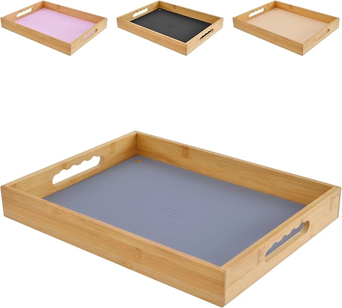 Bamboo Serving Tray with Handle, Breakfast in Bed Tray with Removable Silicone Mat, for Pantry Living Room Bathroom Tea Bar