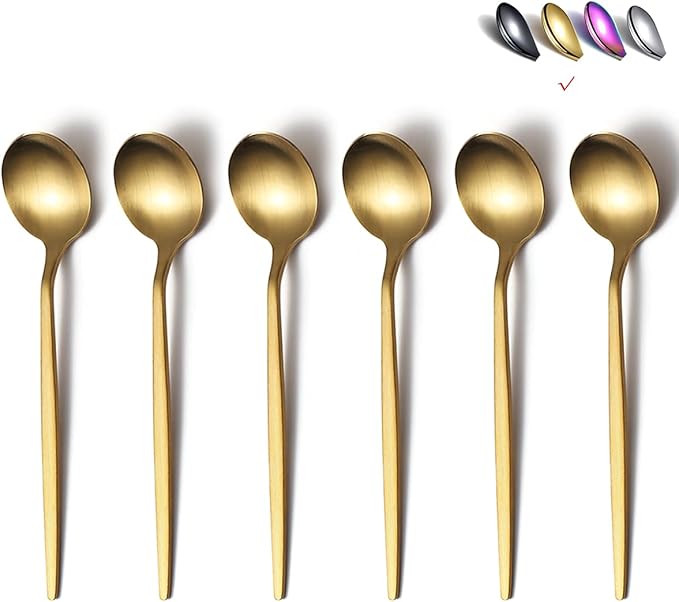 Matt Gold 6 Piece Teaspoons, 6.6'' Silverware, Stainless Steel Tea Spoons for Home or Restaurant, Dishwasher Safe