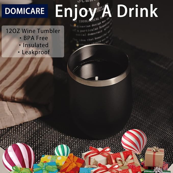DOMICARE Stainless Steel Wine Tumbler Bulk with Lid, Personalized Insulated Tumblers Set, 12oz Travel Coffee Cups Pack of 16, Black