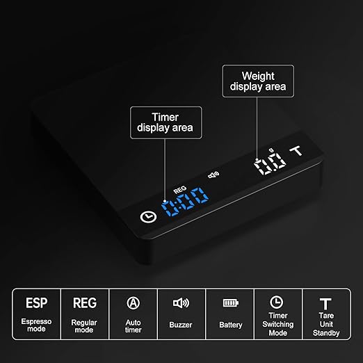 Metal Coffee Scale with Timer, Espresso Scale with Auto Timing, 3 Mode for Espresso Machine and Pour-Over, 2kg/0.1g High Precision Scale, Aluminum Body with LCD Display, Rechargeable