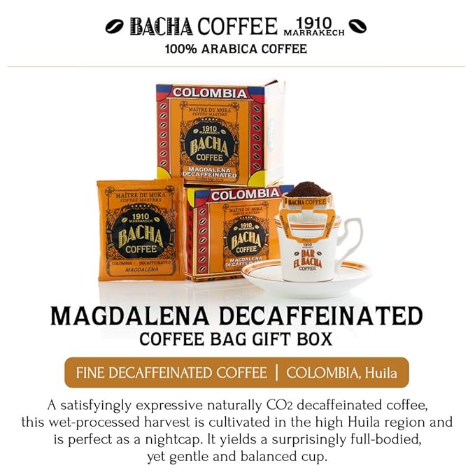 Bacha Coffee | Magdalena Decaf Colombia Single Origin, 100% Arabica Specialty Coffee Beans, Medium Dark Roast, x12 Individually Wrapped Single Serve Filter Bags