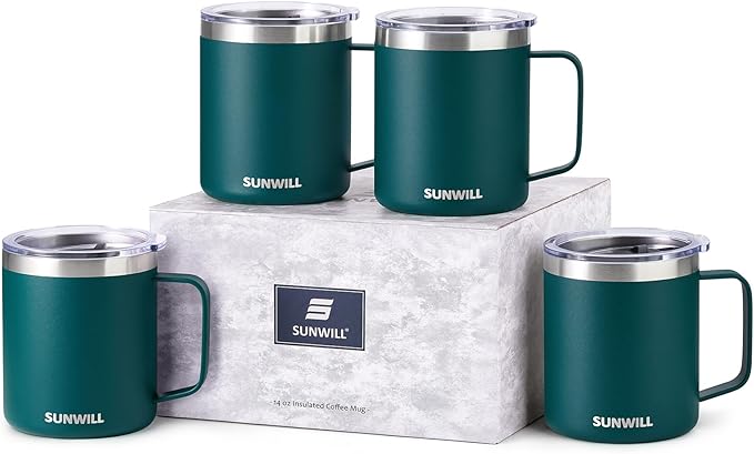 SUNWILL Travel Coffee Mugs Set of 4, Insulated Cup with Lid, 14oz Stainless Steel Tumbler with Handle Bulk for Gift, Camping, Office, Powder Coated Forest Green